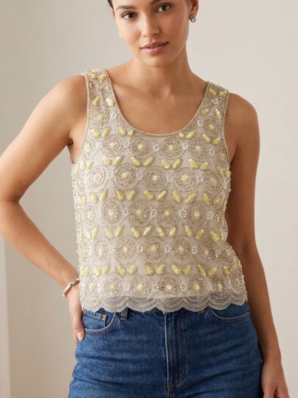 TOPSHOP Beaded Sequinced Scoop Neck Sleeveless Tank Top Size 2